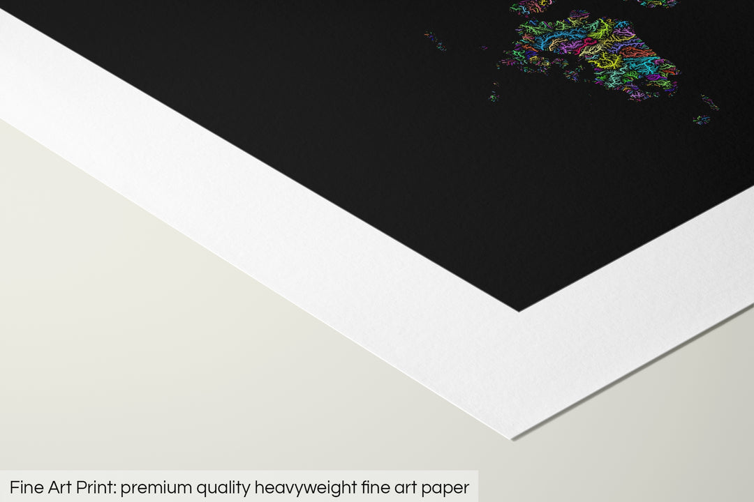 Closeup of a fine art print's corner lying on a flat surface, the details of a Grasshopper Geography map is visible. The text at the bottom reads: Fine art print - premium quality heavyweight fine art paper.