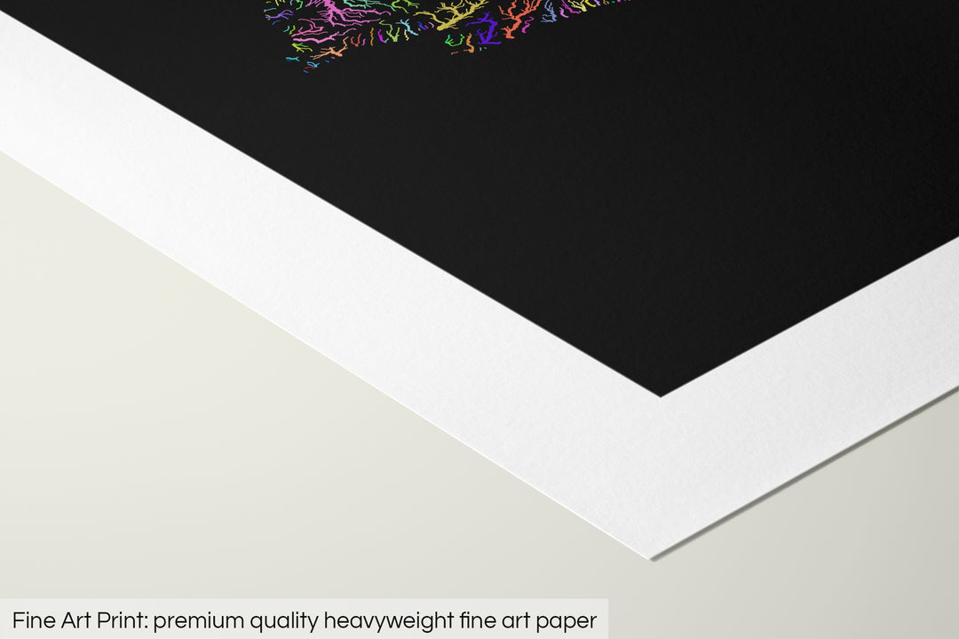 Closeup of a fine art print's corner lying on a flat surface, the details of a Grasshopper Geography map is visible. The text at the bottom reads: Fine art print - premium quality heavyweight fine art paper.