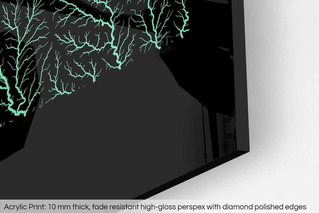 Closeup of an acrylic panel's corner, the details of a Grasshopper Geography map is visible. The text at the bottom reads: Acrylic print - 10 mm thick, fade reistant high-gloss perspex with diamond polished edges.