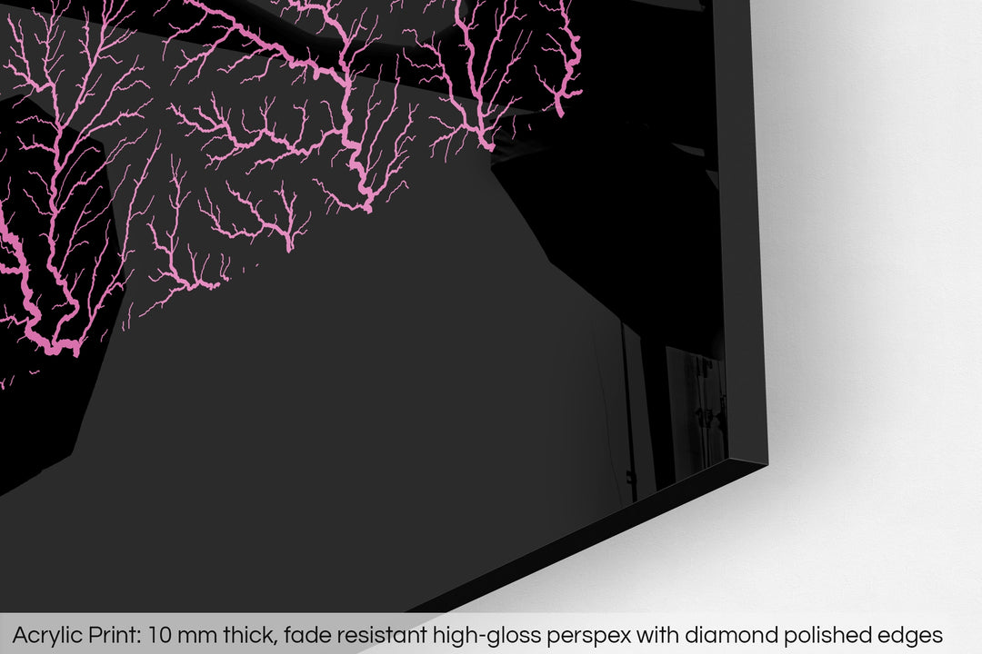 Closeup of an acrylic panel's corner, the details of a Grasshopper Geography map is visible. The text at the bottom reads: Acrylic print - 10 mm thick, fade reistant high-gloss perspex with diamond polished edges.