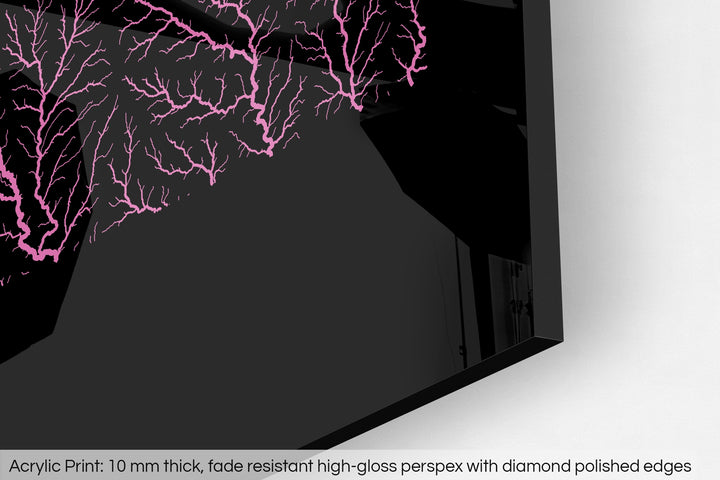 Closeup of an acrylic panel's corner, the details of a Grasshopper Geography map is visible. The text at the bottom reads: Acrylic print - 10 mm thick, fade reistant high-gloss perspex with diamond polished edges.