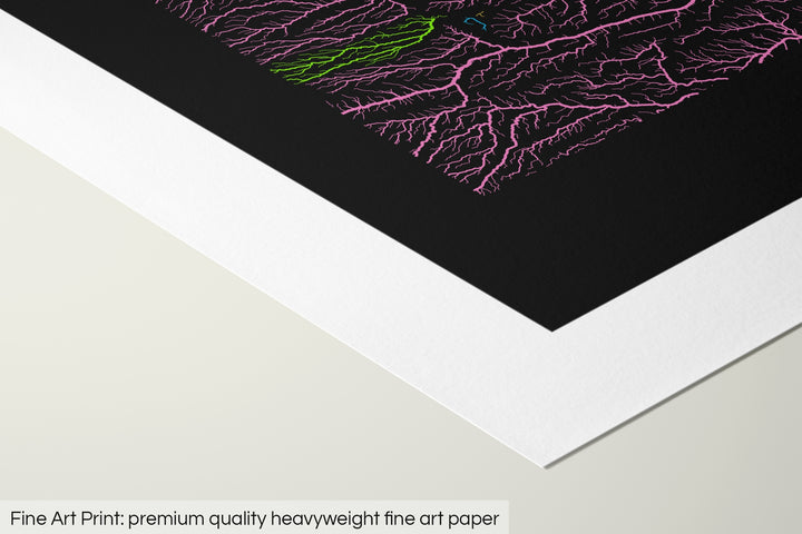 Closeup of a fine art print's corner lying on a flat surface, the details of a Grasshopper Geography map is visible. The text at the bottom reads: Fine art print - premium quality heavyweight fine art paper.