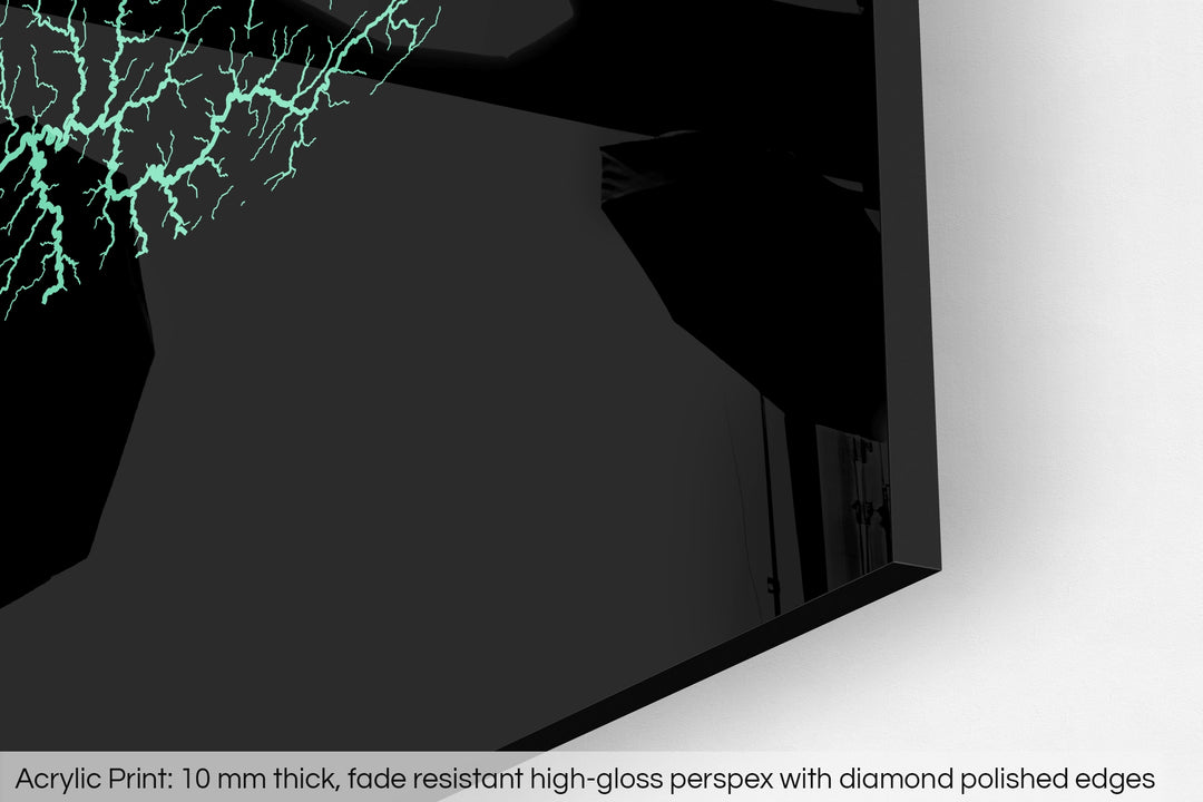 Closeup of an acrylic panel's corner, the details of a Grasshopper Geography map is visible. The text at the bottom reads: Acrylic print - 10 mm thick, fade reistant high-gloss perspex with diamond polished edges.