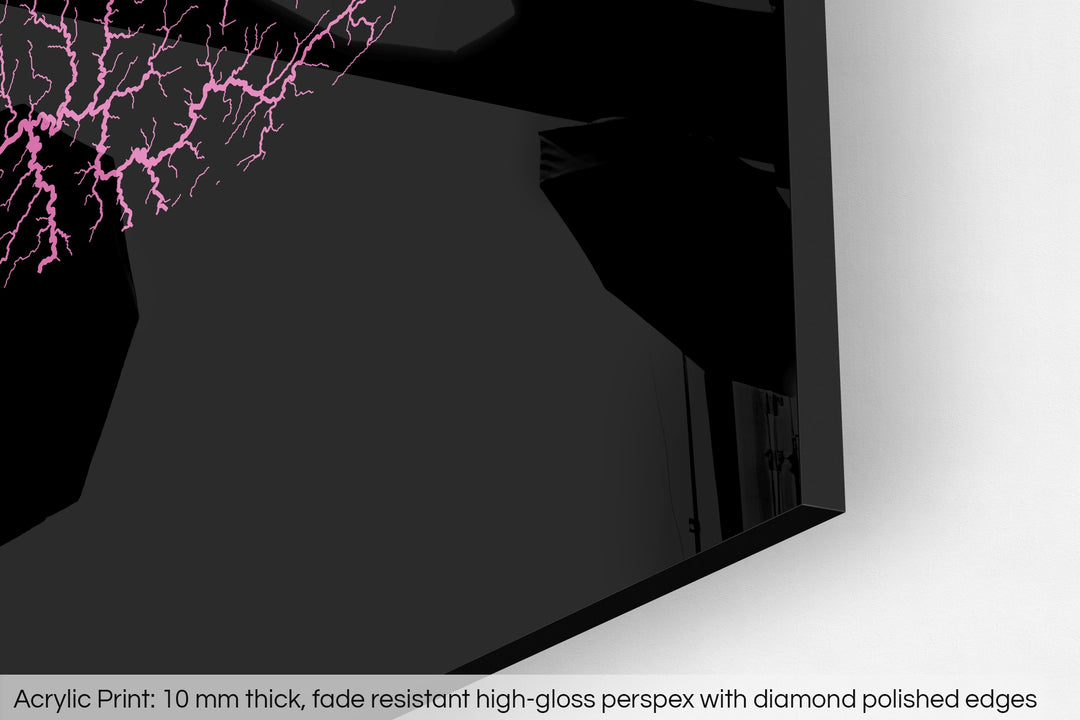 Closeup of an acrylic panel's corner, the details of a Grasshopper Geography map is visible. The text at the bottom reads: Acrylic print - 10 mm thick, fade reistant high-gloss perspex with diamond polished edges.
