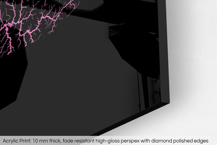 Closeup of an acrylic panel's corner, the details of a Grasshopper Geography map is visible. The text at the bottom reads: Acrylic print - 10 mm thick, fade reistant high-gloss perspex with diamond polished edges.