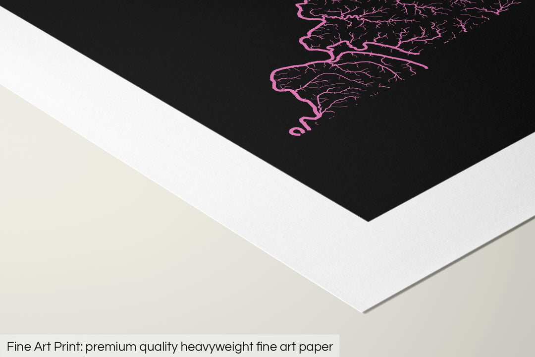 Closeup of a fine art print's corner lying on a flat surface, the details of a Grasshopper Geography map is visible. The text at the bottom reads: Fine art print - premium quality heavyweight fine art paper.