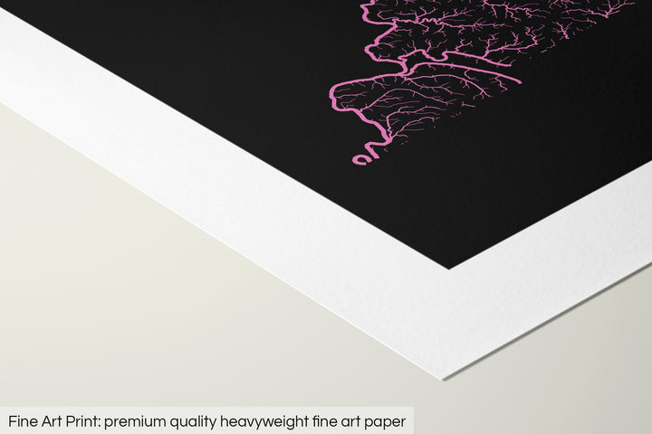 Closeup of a fine art print's corner lying on a flat surface, the details of a Grasshopper Geography map is visible. The text at the bottom reads: Fine art print - premium quality heavyweight fine art paper.