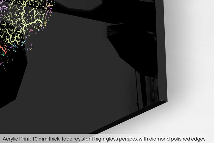 Closeup of an acrylic panel's corner, the details of a Grasshopper Geography map is visible. The text at the bottom reads: Acrylic print - 10 mm thick, fade reistant high-gloss perspex with diamond polished edges.