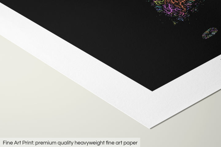 Closeup of a fine art print's corner lying on a flat surface, the details of a Grasshopper Geography map is visible. The text at the bottom reads: Fine art print - premium quality heavyweight fine art paper.