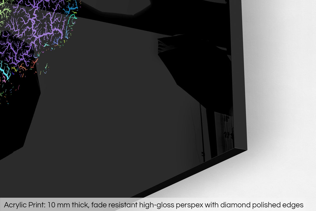 Closeup of an acrylic panel's corner, the details of a Grasshopper Geography map is visible. The text at the bottom reads: Acrylic print - 10 mm thick, fade reistant high-gloss perspex with diamond polished edges.