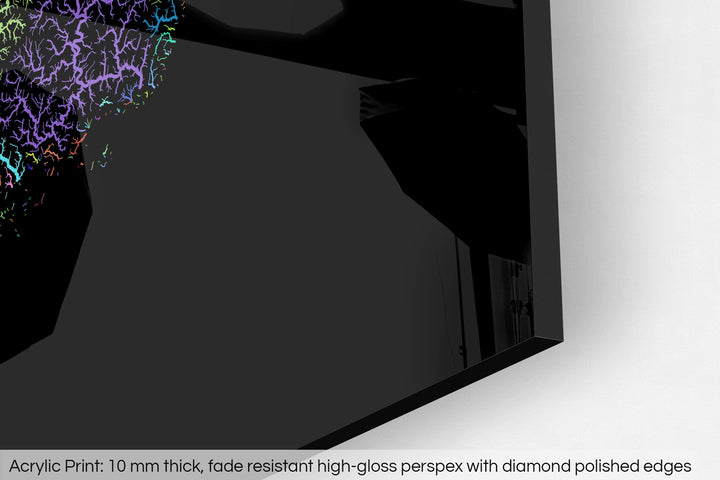 Closeup of an acrylic panel's corner, the details of a Grasshopper Geography map is visible. The text at the bottom reads: Acrylic print - 10 mm thick, fade reistant high-gloss perspex with diamond polished edges.