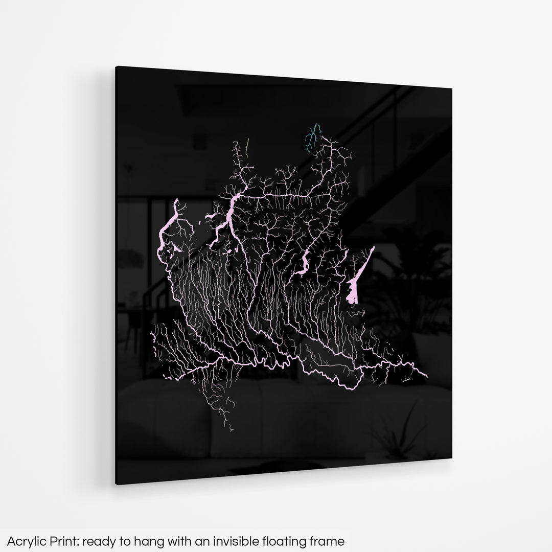 A colourful Grasshopper Geography map hanging on a white wall. The text at the bottom reads: Acrylic print - ready to hang with an invisible floating frame.