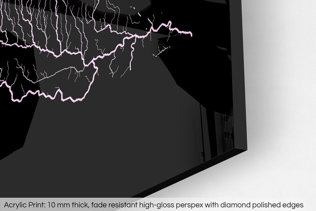 Closeup of an acrylic panel's corner, the details of a Grasshopper Geography map is visible. The text at the bottom reads: Acrylic print - 10 mm thick, fade reistant high-gloss perspex with diamond polished edges.