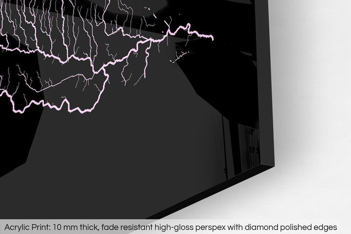 Closeup of an acrylic panel's corner, the details of a Grasshopper Geography map is visible. The text at the bottom reads: Acrylic print - 10 mm thick, fade reistant high-gloss perspex with diamond polished edges.