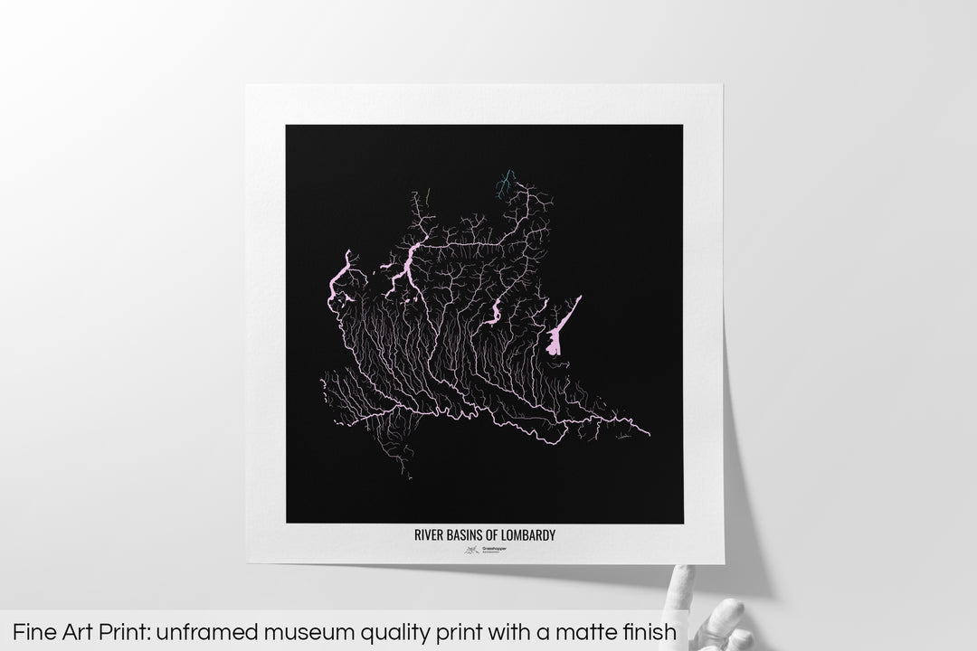 Unframed fine art print of a colourful map with a thick white mat. The title of the map and the Grasshopper Geography logo is printed on the mat, below the image. The map print lies flat on a white surface, a hand holding up one of the corners. The bottom text reads: Fine art print - unframed museum quality print with a matte finish.