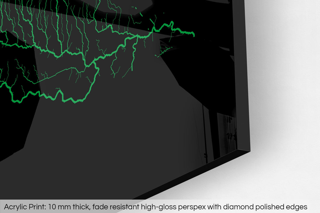 Closeup of an acrylic panel's corner, the details of a Grasshopper Geography map is visible. The text at the bottom reads: Acrylic print - 10 mm thick, fade reistant high-gloss perspex with diamond polished edges.
