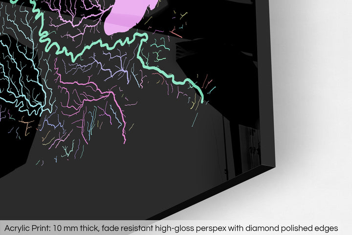 Closeup of an acrylic panel's corner, the details of a Grasshopper Geography map is visible. The text at the bottom reads: Acrylic print - 10 mm thick, fade reistant high-gloss perspex with diamond polished edges.