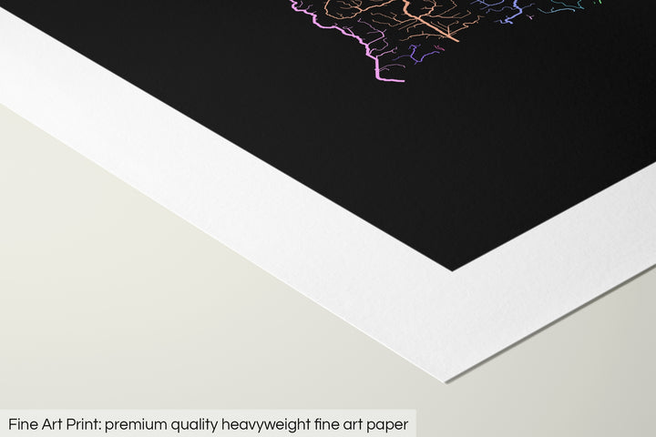 Closeup of a fine art print's corner lying on a flat surface, the details of a Grasshopper Geography map is visible. The text at the bottom reads: Fine art print - premium quality heavyweight fine art paper.