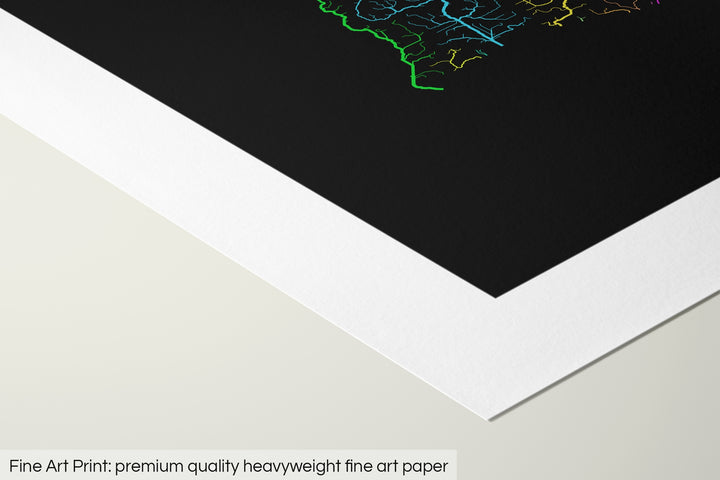 Closeup of a fine art print's corner lying on a flat surface, the details of a Grasshopper Geography map is visible. The text at the bottom reads: Fine art print - premium quality heavyweight fine art paper.