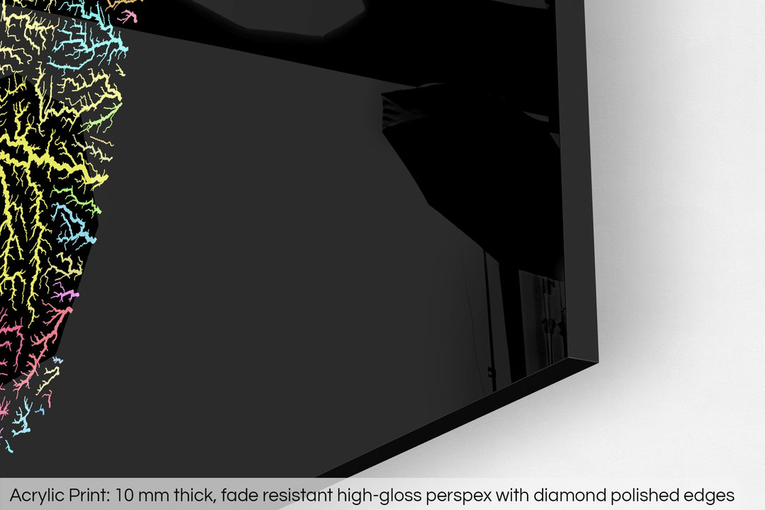 Closeup of an acrylic panel's corner, the details of a Grasshopper Geography map is visible. The text at the bottom reads: Acrylic print - 10 mm thick, fade reistant high-gloss perspex with diamond polished edges.
