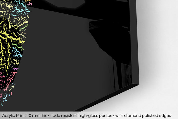 Closeup of an acrylic panel's corner, the details of a Grasshopper Geography map is visible. The text at the bottom reads: Acrylic print - 10 mm thick, fade reistant high-gloss perspex with diamond polished edges.