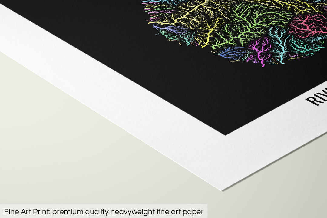 Closeup of a fine art print's corner lying on a flat surface, the details of a Grasshopper Geography map is visible. The text at the bottom reads: Fine art print - premium quality heavyweight fine art paper.