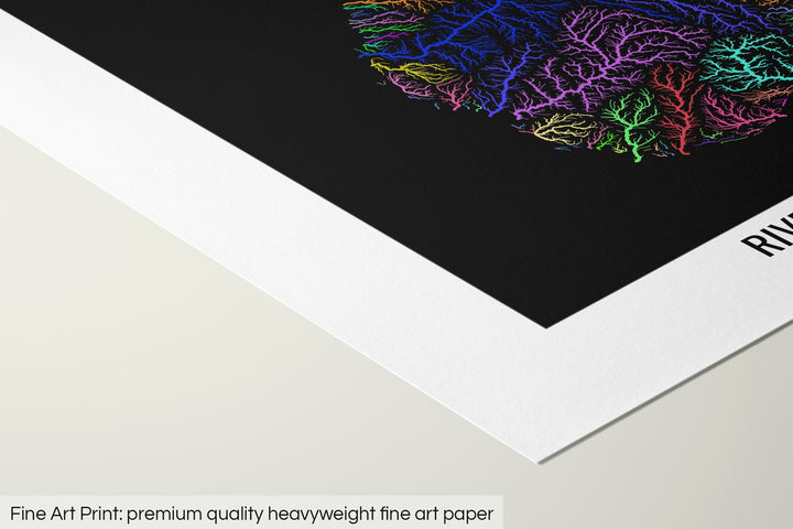 Closeup of a fine art print's corner lying on a flat surface, the details of a Grasshopper Geography map is visible. The text at the bottom reads: Fine art print - premium quality heavyweight fine art paper.