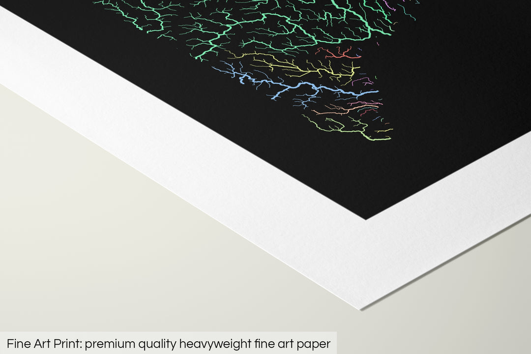 Closeup of a fine art print's corner lying on a flat surface, the details of a Grasshopper Geography map is visible. The text at the bottom reads: Fine art print - premium quality heavyweight fine art paper.