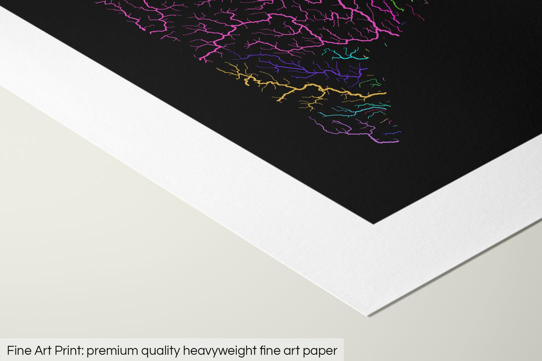 Closeup of a fine art print's corner lying on a flat surface, the details of a Grasshopper Geography map is visible. The text at the bottom reads: Fine art print - premium quality heavyweight fine art paper.