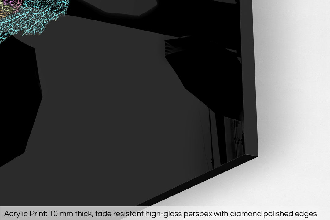 Closeup of an acrylic panel's corner, the details of a Grasshopper Geography map is visible. The text at the bottom reads: Acrylic print - 10 mm thick, fade reistant high-gloss perspex with diamond polished edges.
