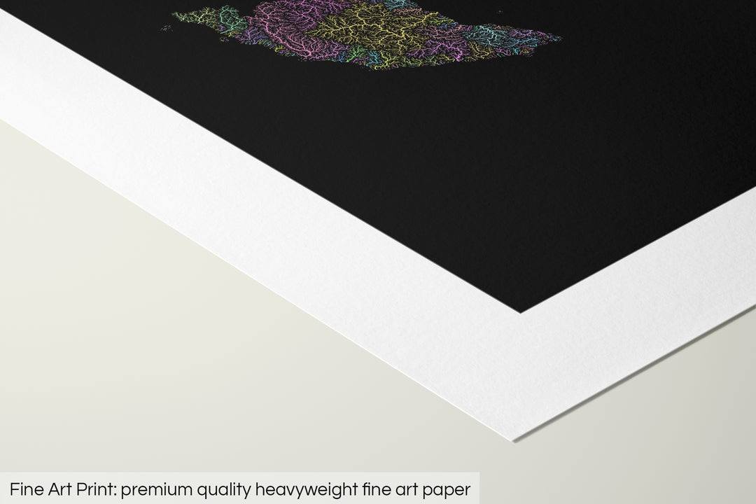 Closeup of a fine art print's corner lying on a flat surface, the details of a Grasshopper Geography map is visible. The text at the bottom reads: Fine art print - premium quality heavyweight fine art paper.
