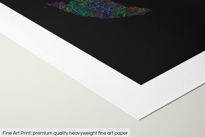 Closeup of a fine art print's corner lying on a flat surface, the details of a Grasshopper Geography map is visible. The text at the bottom reads: Fine art print - premium quality heavyweight fine art paper.