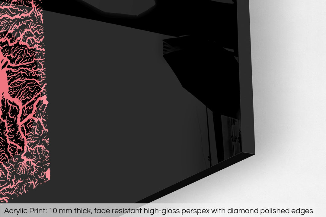 Closeup of an acrylic panel's corner, the details of a Grasshopper Geography map is visible. The text at the bottom reads: Acrylic print - 10 mm thick, fade reistant high-gloss perspex with diamond polished edges.