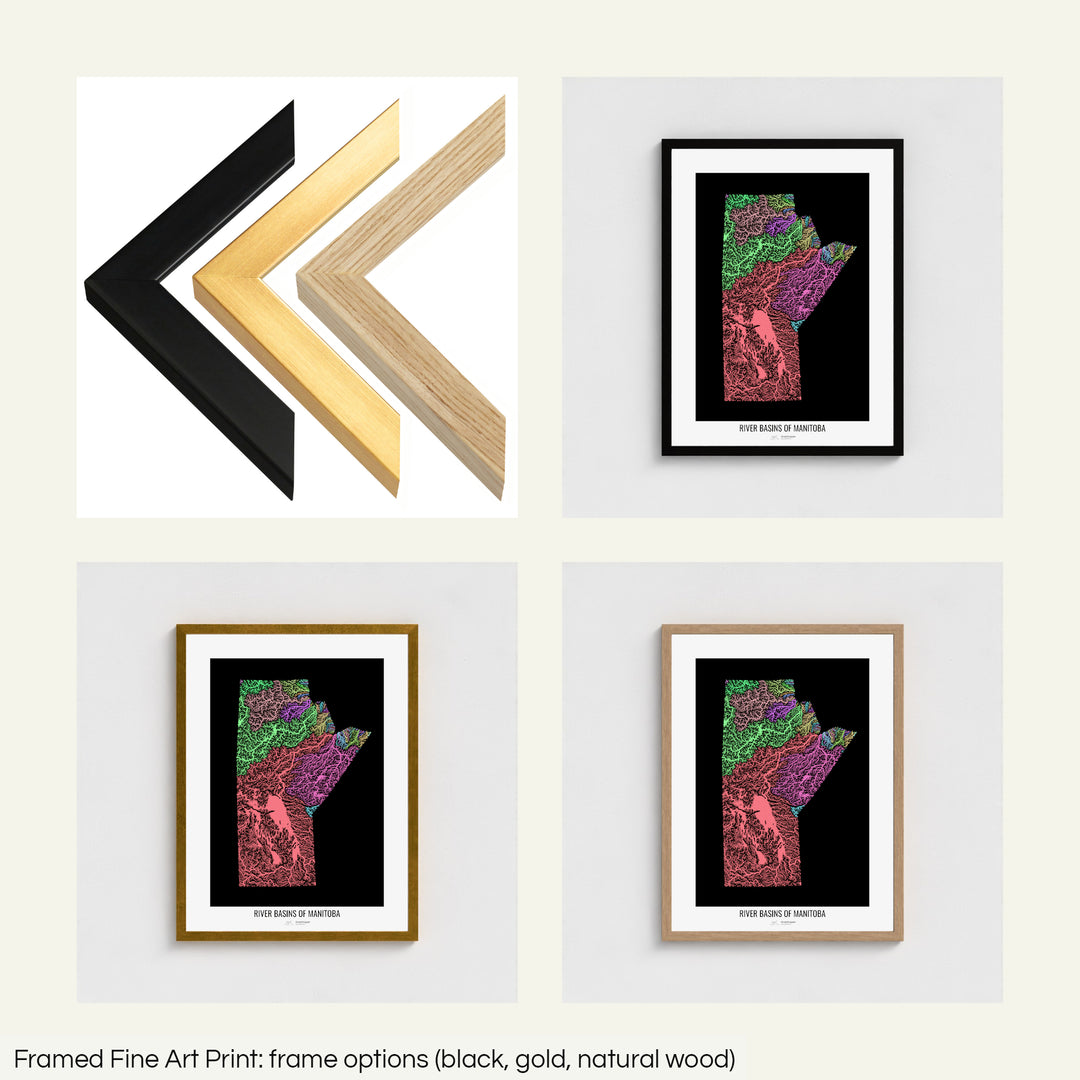 The image shows the different frames available at Grasshopper Geography's map shop: black, golden and natural wood. The image is a collection of four smaller pictures: the first one shows the wooden frames up close, the other three are mockups of the printed map in each frame.