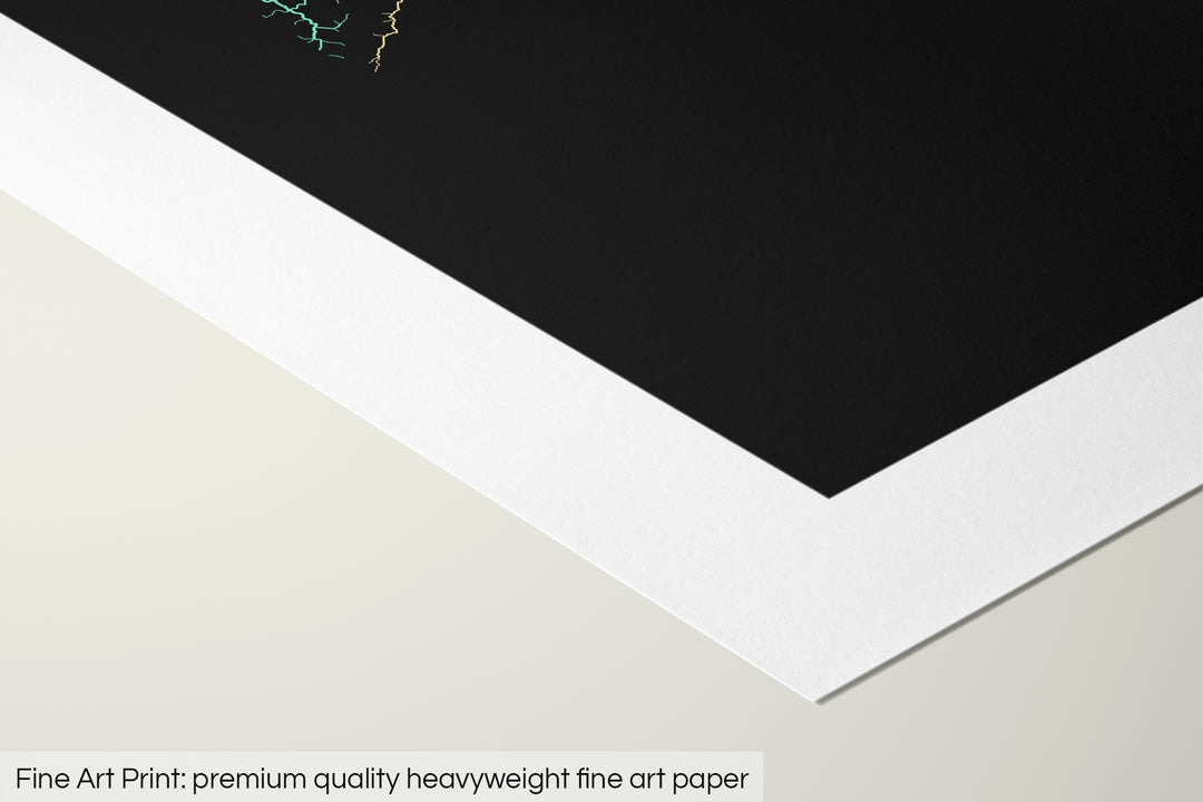 Closeup of a fine art print's corner lying on a flat surface, the details of a Grasshopper Geography map is visible. The text at the bottom reads: Fine art print - premium quality heavyweight fine art paper.