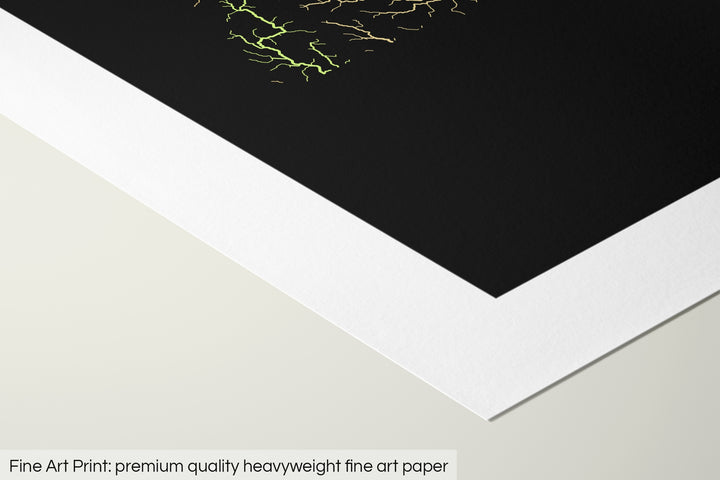 Closeup of a fine art print's corner lying on a flat surface, the details of a Grasshopper Geography map is visible. The text at the bottom reads: Fine art print - premium quality heavyweight fine art paper.