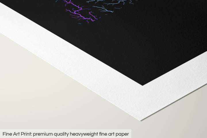 Closeup of a fine art print's corner lying on a flat surface, the details of a Grasshopper Geography map is visible. The text at the bottom reads: Fine art print - premium quality heavyweight fine art paper.