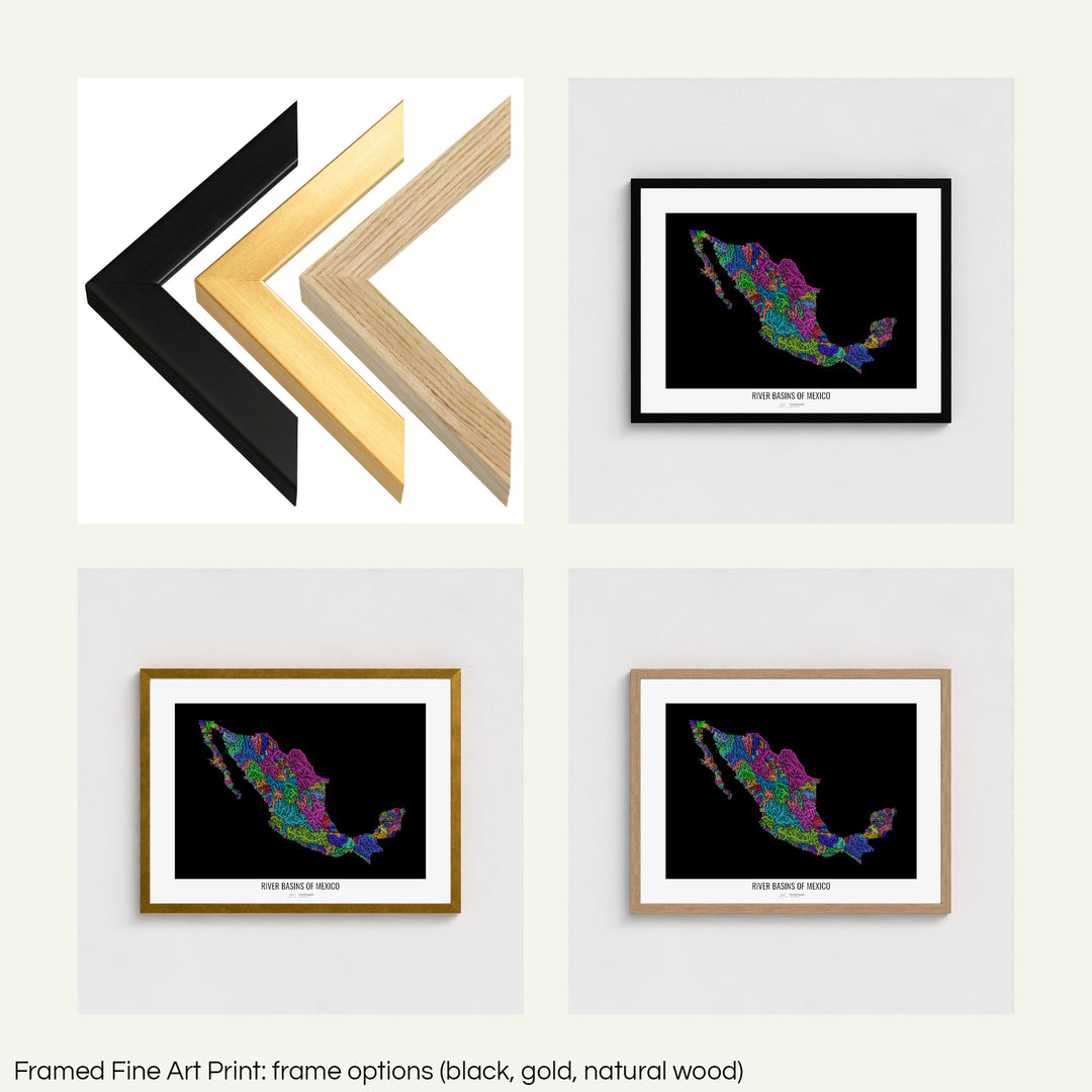 The image shows the different frames available at Grasshopper Geography's map shop: black, golden and natural wood. The image is a collection of four smaller pictures: the first one shows the wooden frames up close, the other three are mockups of the printed map in each frame.