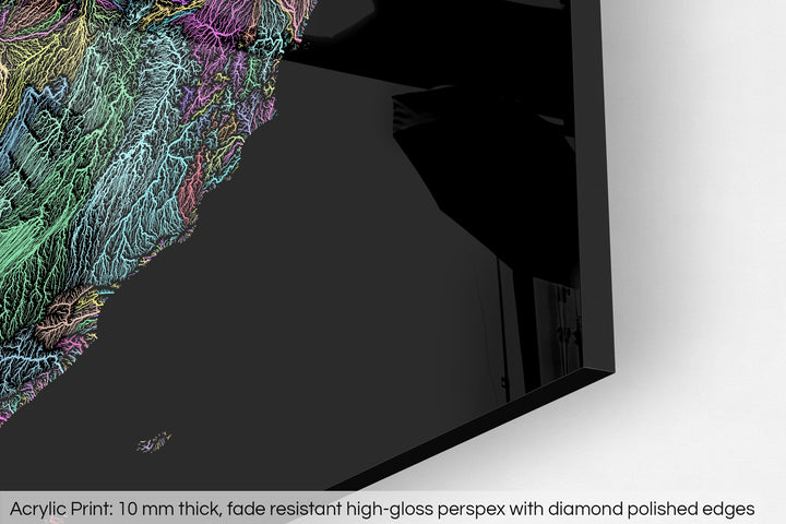 Closeup of an acrylic panel's corner, the details of a Grasshopper Geography map is visible. The text at the bottom reads: Acrylic print - 10 mm thick, fade reistant high-gloss perspex with diamond polished edges.