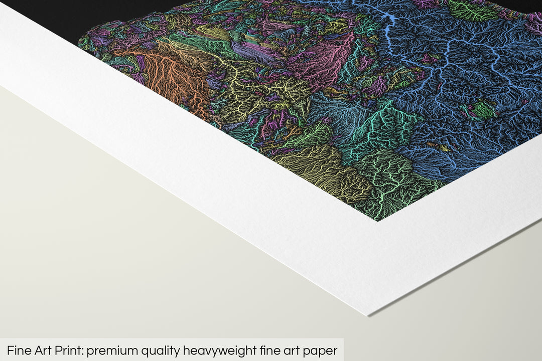 Closeup of a fine art print's corner lying on a flat surface, the details of a Grasshopper Geography map is visible. The text at the bottom reads: Fine art print - premium quality heavyweight fine art paper.