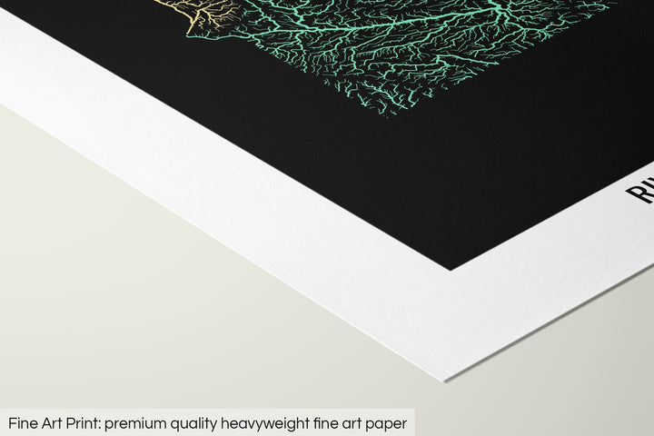 Closeup of a fine art print's corner lying on a flat surface, the details of a Grasshopper Geography map is visible. The text at the bottom reads: Fine art print - premium quality heavyweight fine art paper.