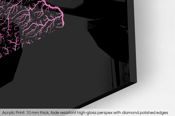 Closeup of an acrylic panel's corner, the details of a Grasshopper Geography map is visible. The text at the bottom reads: Acrylic print - 10 mm thick, fade reistant high-gloss perspex with diamond polished edges.
