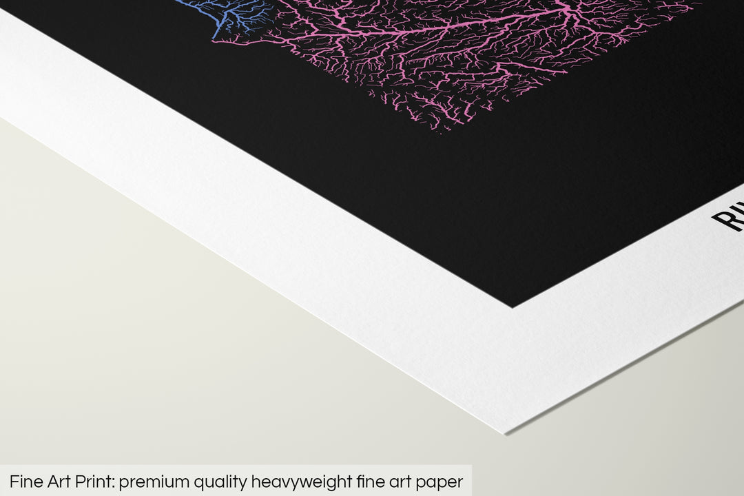 Closeup of a fine art print's corner lying on a flat surface, the details of a Grasshopper Geography map is visible. The text at the bottom reads: Fine art print - premium quality heavyweight fine art paper.