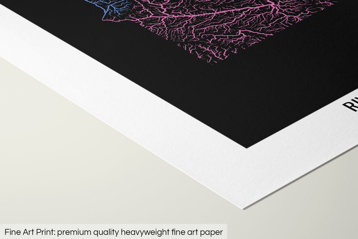 Closeup of a fine art print's corner lying on a flat surface, the details of a Grasshopper Geography map is visible. The text at the bottom reads: Fine art print - premium quality heavyweight fine art paper.