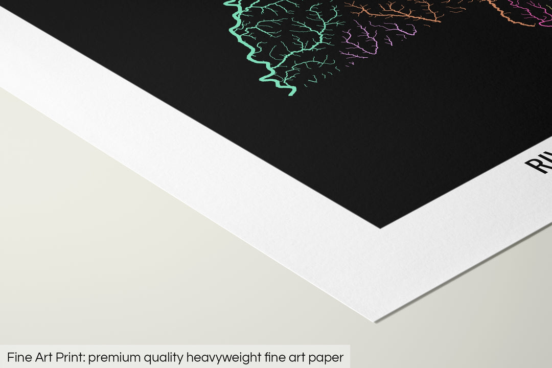 Closeup of a fine art print's corner lying on a flat surface, the details of a Grasshopper Geography map is visible. The text at the bottom reads: Fine art print - premium quality heavyweight fine art paper.