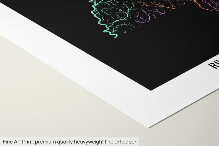 Closeup of a fine art print's corner lying on a flat surface, the details of a Grasshopper Geography map is visible. The text at the bottom reads: Fine art print - premium quality heavyweight fine art paper.