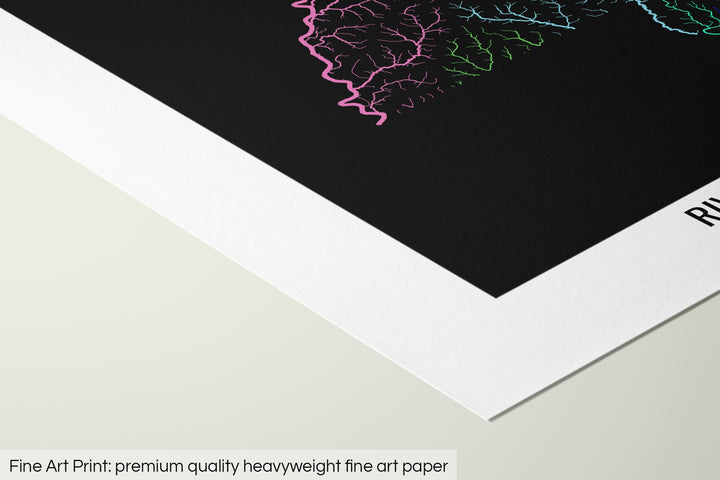Closeup of a fine art print's corner lying on a flat surface, the details of a Grasshopper Geography map is visible. The text at the bottom reads: Fine art print - premium quality heavyweight fine art paper.