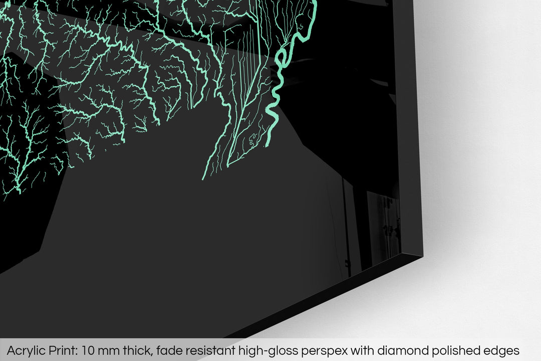 Closeup of an acrylic panel's corner, the details of a Grasshopper Geography map is visible. The text at the bottom reads: Acrylic print - 10 mm thick, fade reistant high-gloss perspex with diamond polished edges.