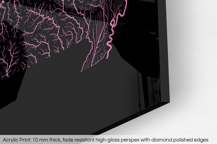 Closeup of an acrylic panel's corner, the details of a Grasshopper Geography map is visible. The text at the bottom reads: Acrylic print - 10 mm thick, fade reistant high-gloss perspex with diamond polished edges.