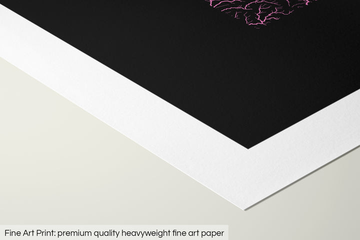Closeup of a fine art print's corner lying on a flat surface, the details of a Grasshopper Geography map is visible. The text at the bottom reads: Fine art print - premium quality heavyweight fine art paper.